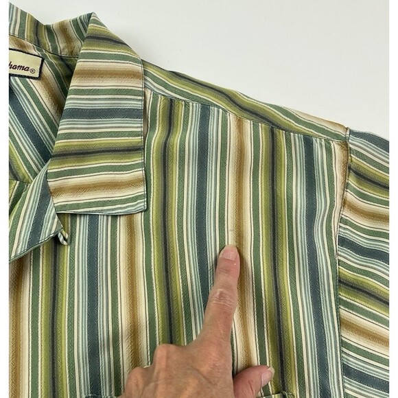 Tommy Bahama Silk Shirt L Vertical Stripe Wooden Buttons Resort Retro 90s - Picture 3 of 12